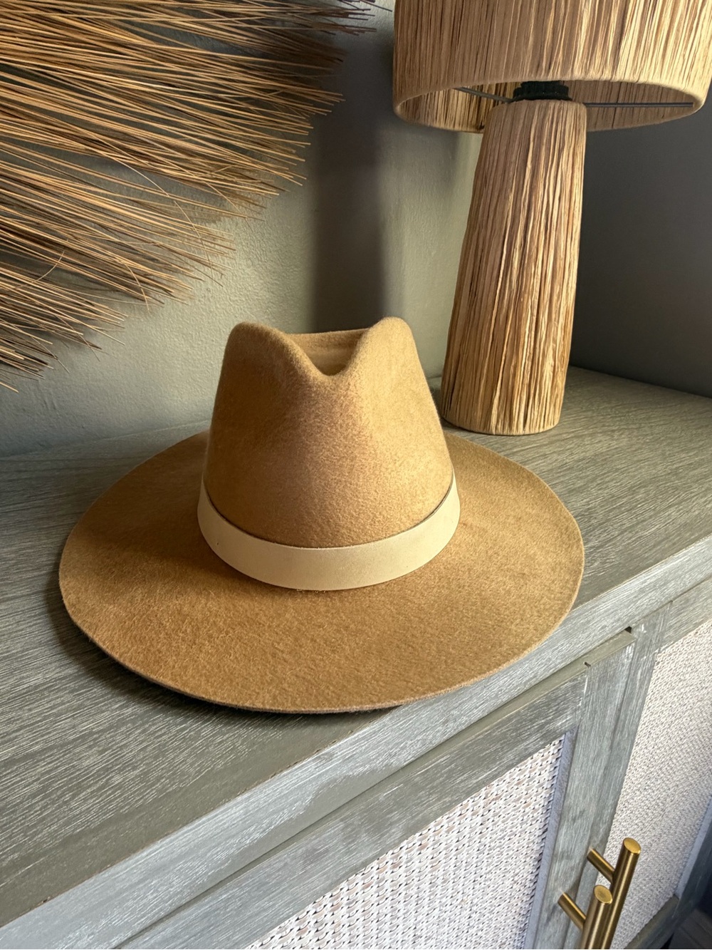 Ross Janessa Leone Wide Brim Felt Fedora in Camel with Cream Band
